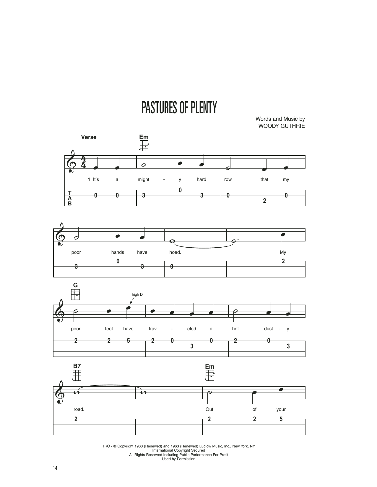 Download Woody Guthrie Pastures Of Plenty Sheet Music and learn how to play Easy Ukulele Tab PDF digital score in minutes