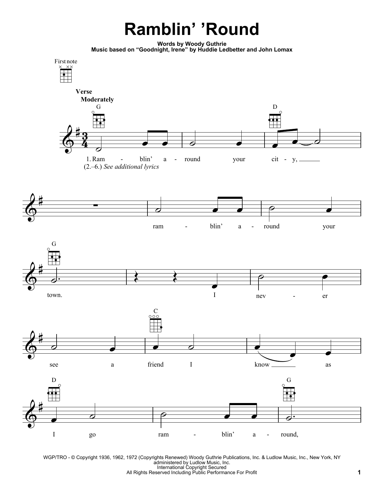 Download Woody Guthrie Ramblin' 'Round Sheet Music and learn how to play Ukulele PDF digital score in minutes