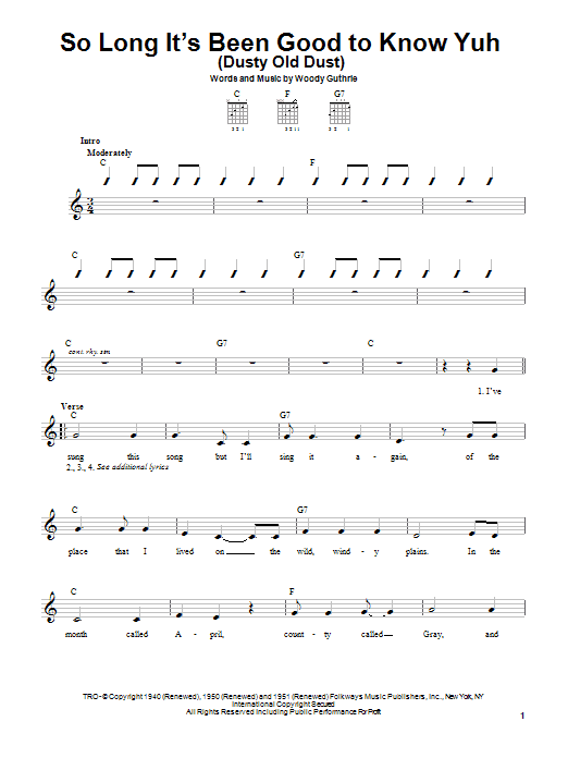Download Woody Guthrie So Long It's Been Good To Know Yuh (Dusty Old Dust) Sheet Music and learn how to play Ukulele PDF digital score in minutes