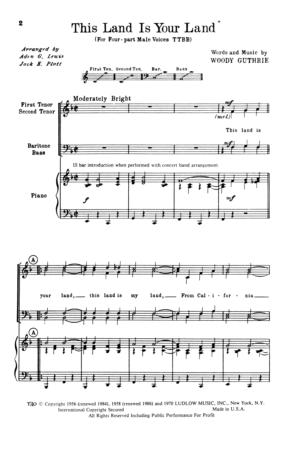 Download Woody Guthrie This Land Is Your Land (arr. Aden G. Lewis and Jack E. Platt) Sheet Music and learn how to play TTBB Choir PDF digital score in minutes