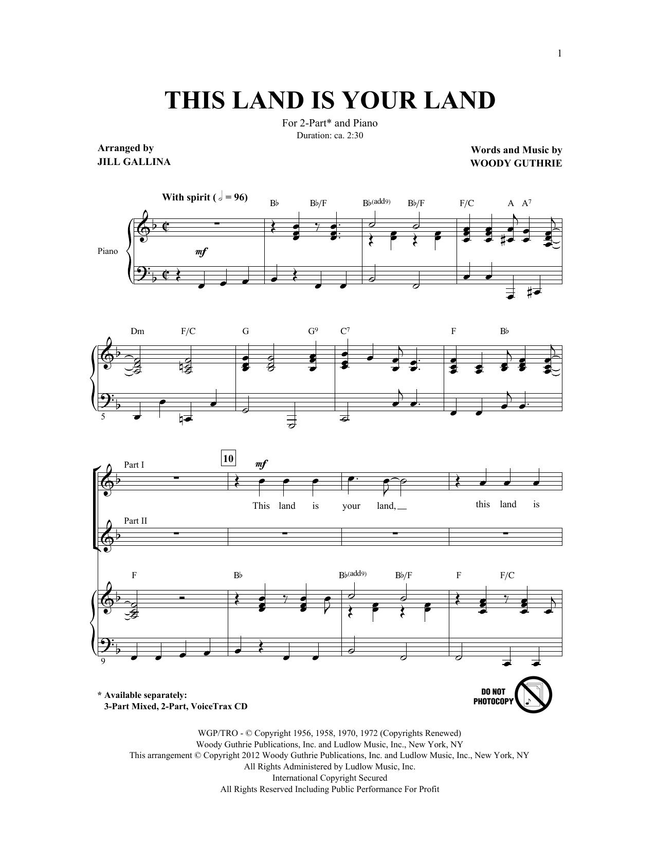 Download Woody Guthrie This Land Is Your Land (arr. Jill Gallina) Sheet Music and learn how to play 2-Part Choir PDF digital score in minutes