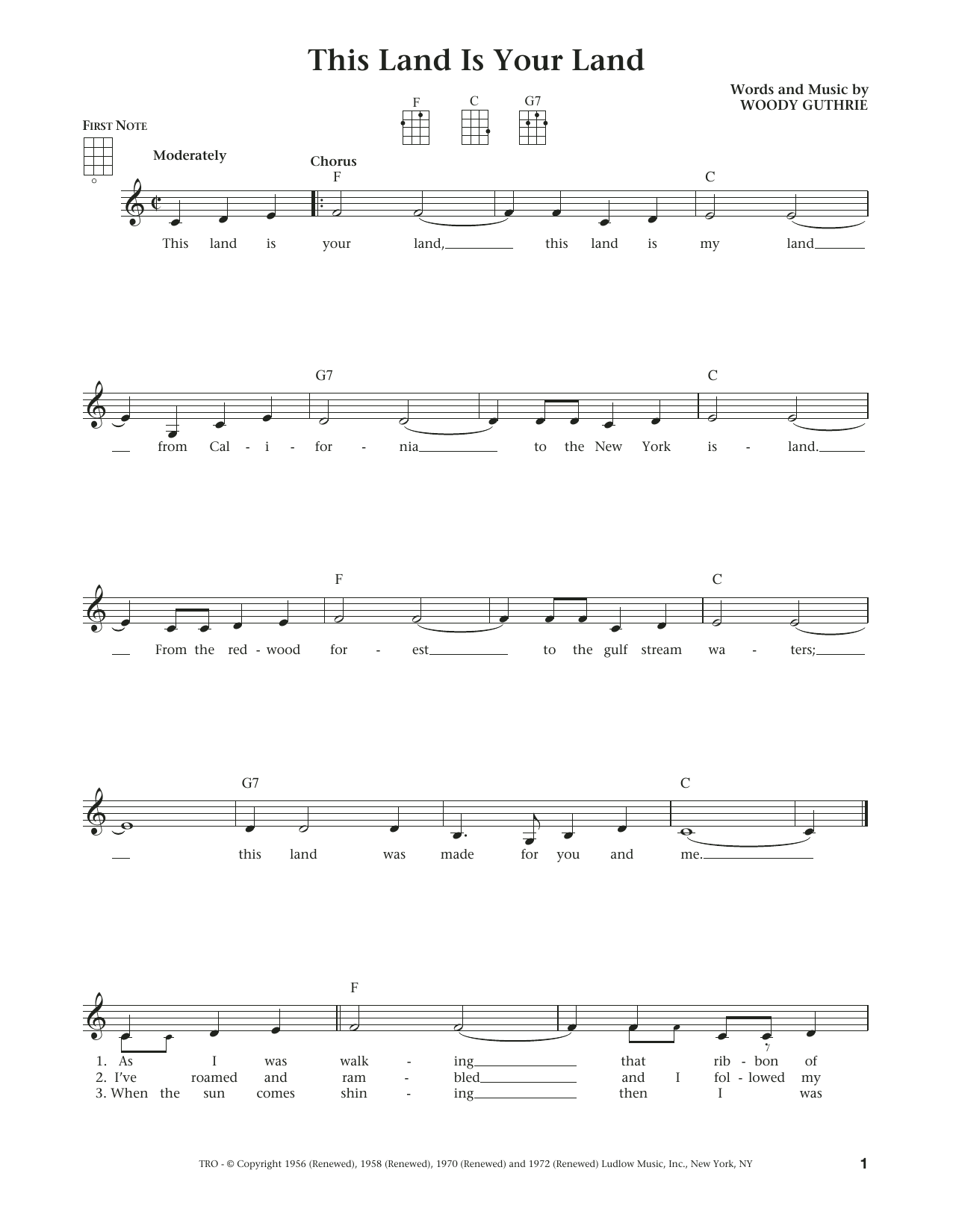Download Woody Guthrie This Land Is Your Land Sheet Music and learn how to play Ukulele PDF digital score in minutes