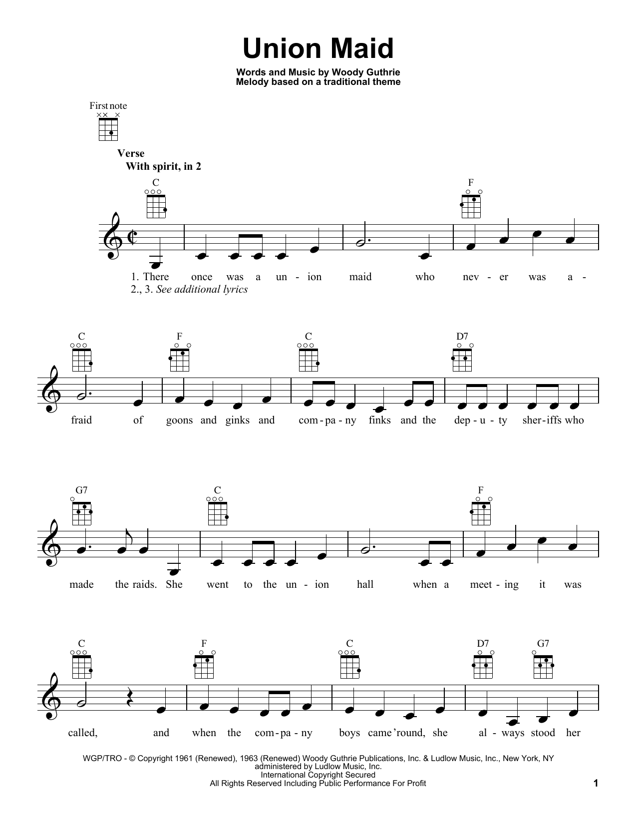 Download Woody Guthrie Union Maid Sheet Music and learn how to play Ukulele PDF digital score in minutes