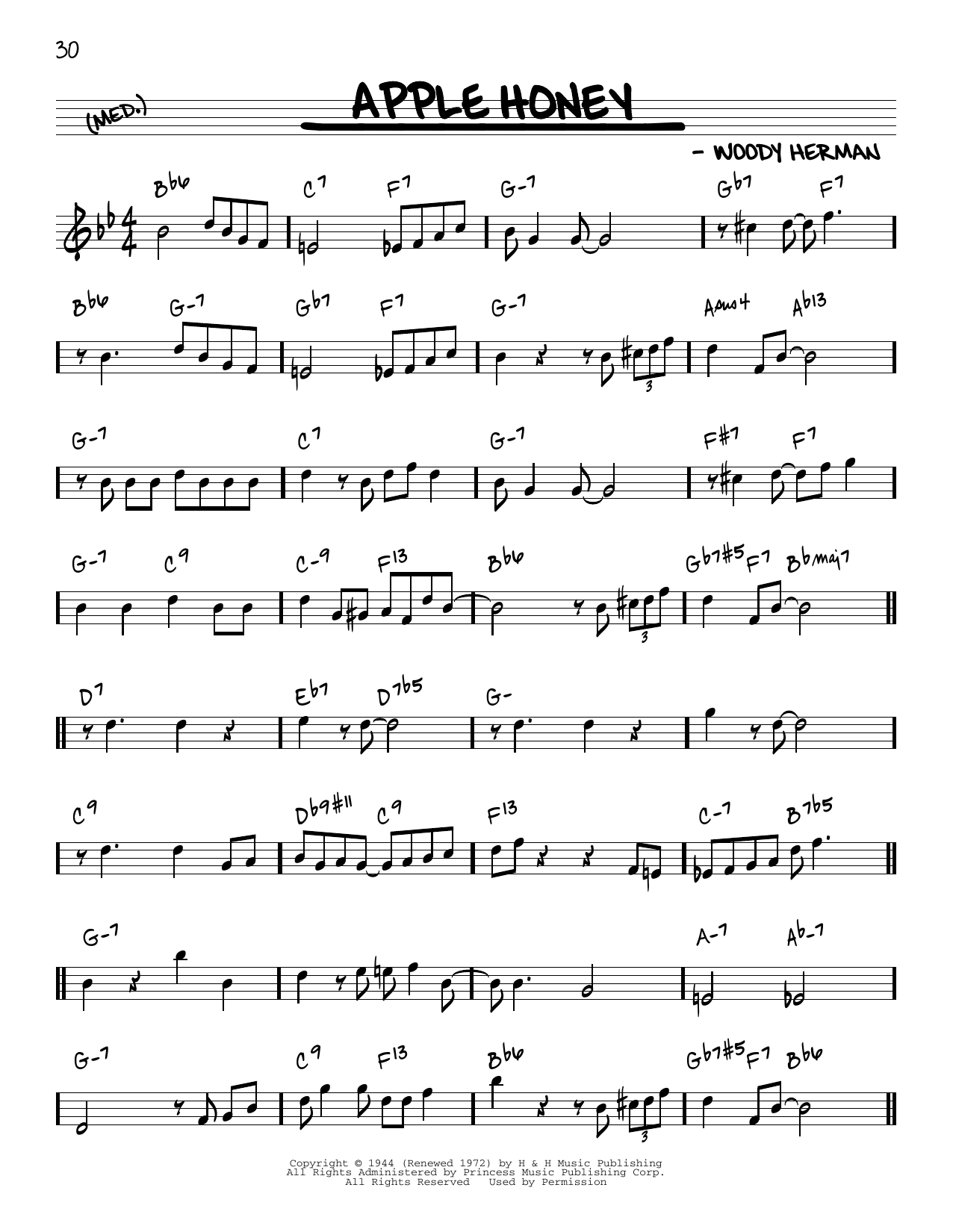 Download Woody Herman Apple Honey [Reharmonized version] (arr. Jack Grassel) Sheet Music and learn how to play Real Book – Melody & Chords PDF digital score in minutes