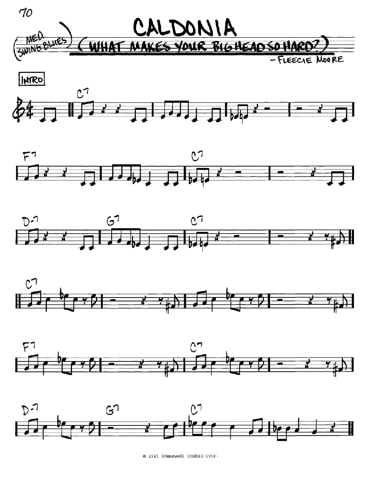 Download Woody Herman Caldonia (What Makes Your Big Head So Hard?) Sheet Music and learn how to play Real Book - Melody, Lyrics & Chords - C Instruments PDF digital score in minutes