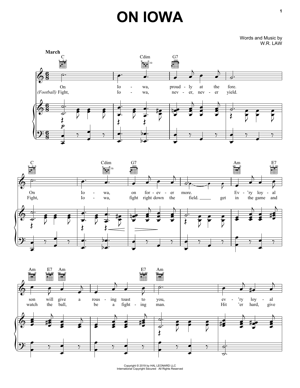 Download W.R. Law On Iowa Sheet Music and learn how to play Piano, Vocal & Guitar Chords (Right-Hand Melody) PDF digital score in minutes