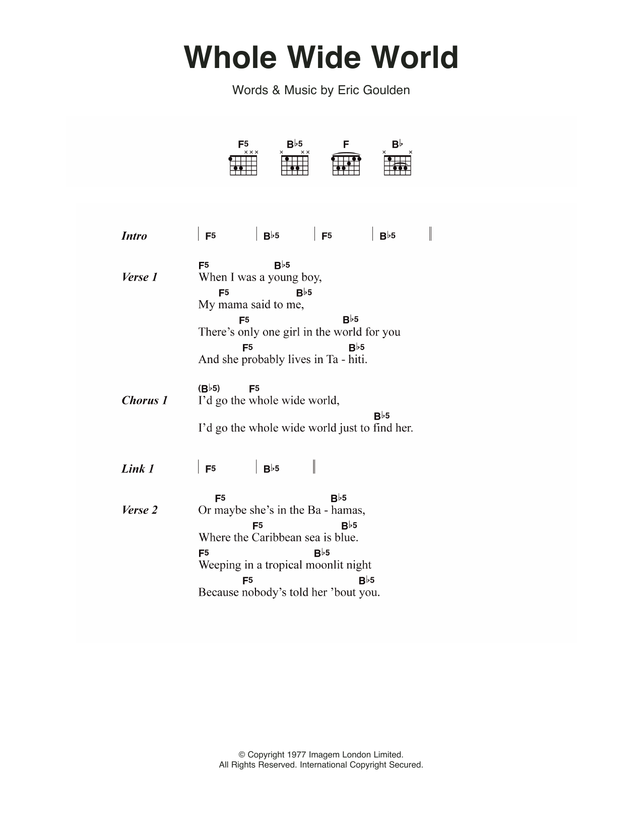 Download Wreckless Eric Whole Wide World Sheet Music and learn how to play Lyrics & Chords PDF digital score in minutes