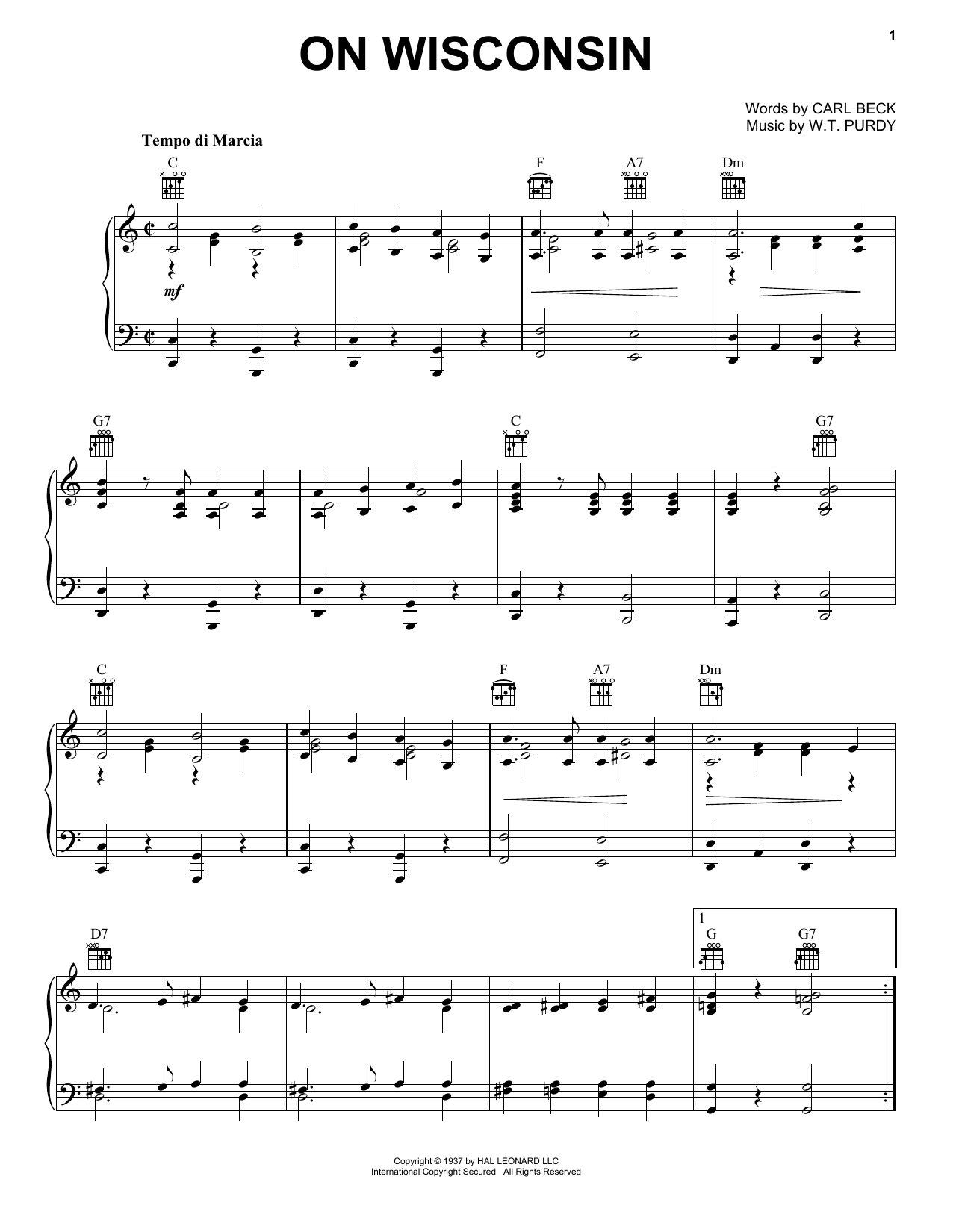 Download W.T. Purdy On Wisconsin! Sheet Music and learn how to play Piano, Vocal & Guitar Chords (Right-Hand Melody) PDF digital score in minutes