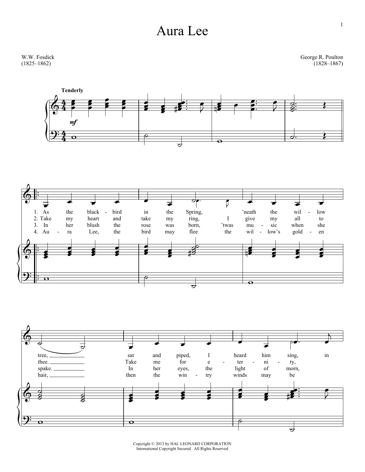 Download W.W. Fosdick Aura Lee Sheet Music and learn how to play Melody Line, Lyrics & Chords PDF digital score in minutes