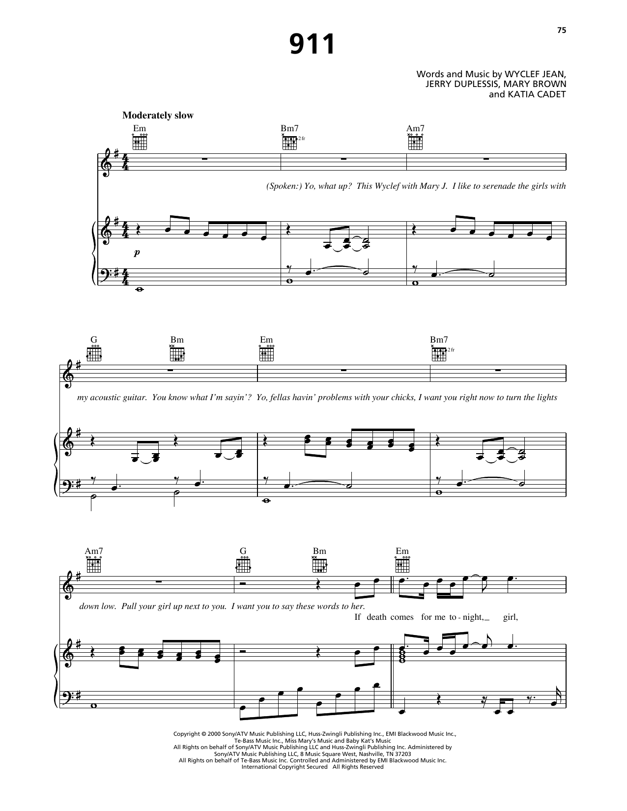 Download Wyclef Jean 911 (feat. Mary J. Blige) Sheet Music and learn how to play Piano, Vocal & Guitar Chords (Right-Hand Melody) PDF digital score in minutes