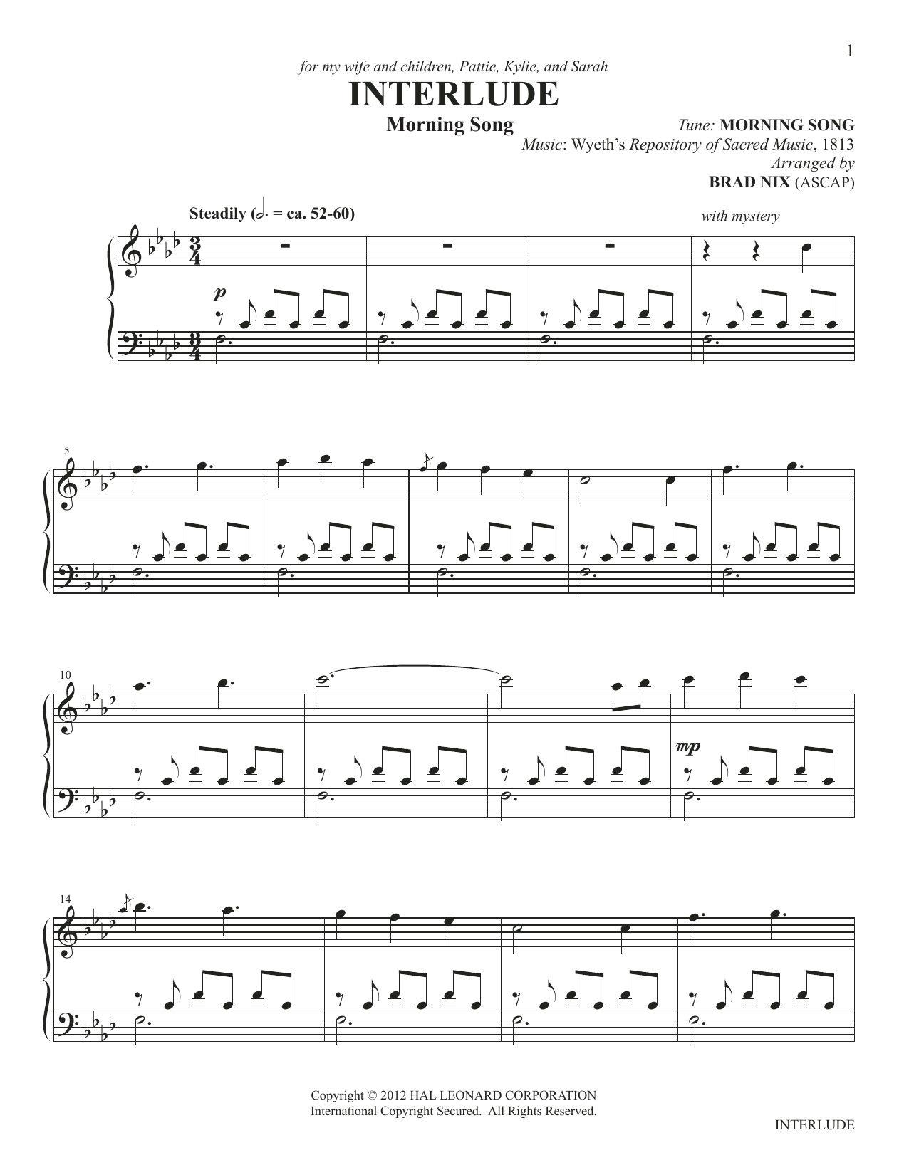 Download Wyeth's Repository of Sacred Interlude (arr. Brad Nix) Sheet Music and learn how to play Piano Solo PDF digital score in minutes
