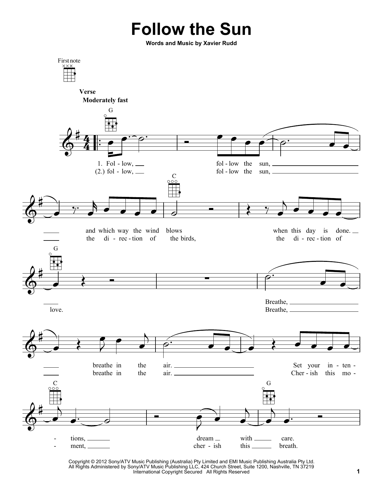 Download Xavier Rudd Follow The Sun Sheet Music and learn how to play Ukulele PDF digital score in minutes