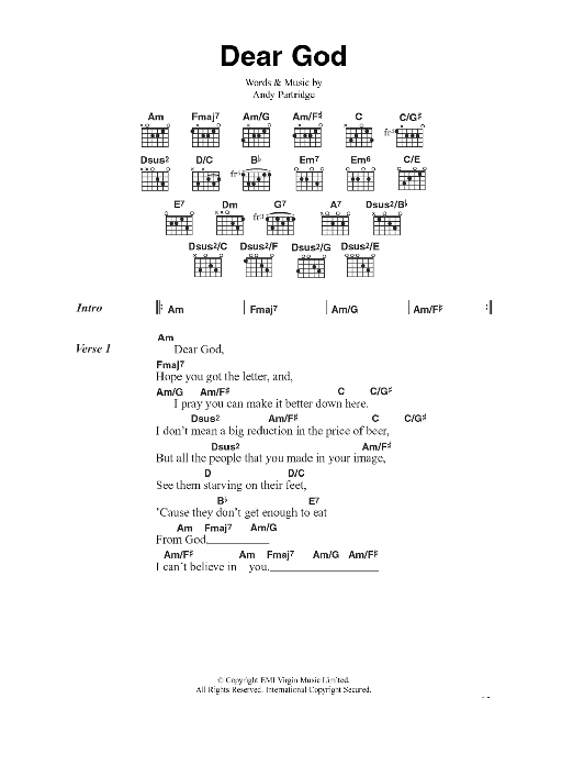 Download XTC Dear God Sheet Music and learn how to play Lyrics & Chords PDF digital score in minutes