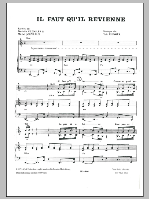 Download Yair Klinger Il Faut Qu'il Revienne Sheet Music and learn how to play Piano & Vocal PDF digital score in minutes