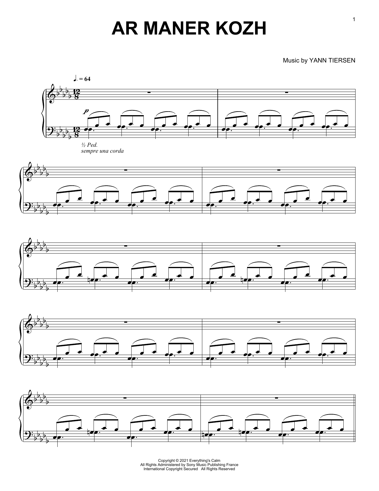 Download Yann Tiersen Ar Maner Kozh Sheet Music and learn how to play Piano Solo PDF digital score in minutes
