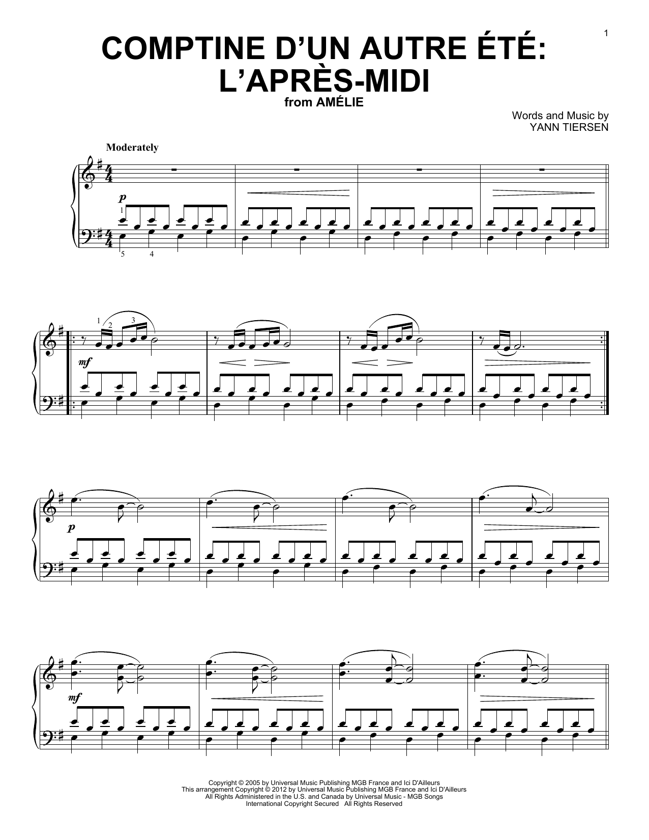 Download Yann Tiersen Comptine D'Un Autre Ete Sheet Music and learn how to play Piano Solo PDF digital score in minutes