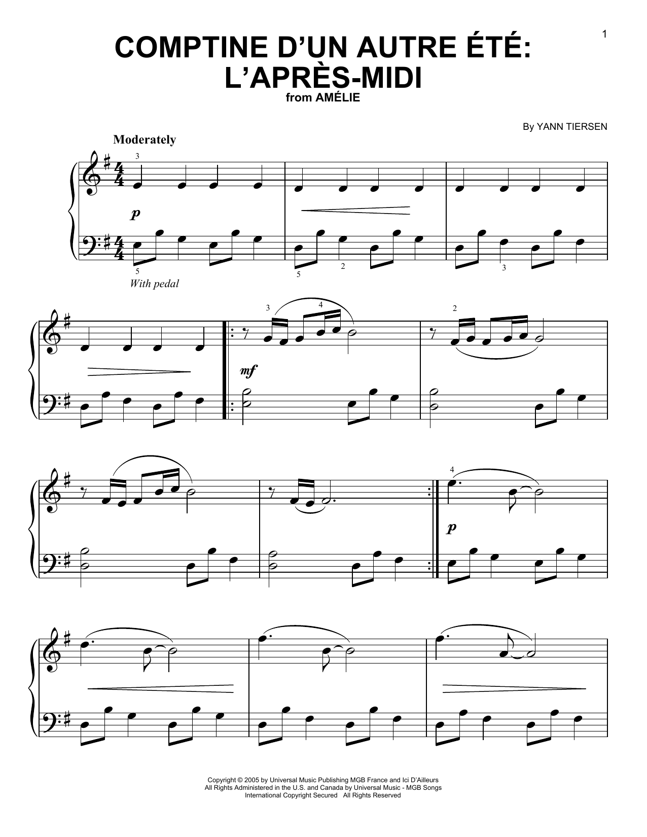 Download Yann Tiersen Comptine d'un autre été: L'après-midi Sheet Music and learn how to play Easy Piano PDF digital score in minutes