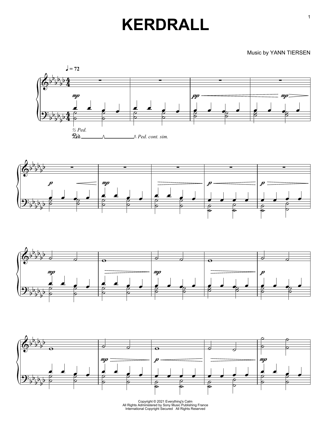 Download Yann Tiersen Kerdrall Sheet Music and learn how to play Piano Solo PDF digital score in minutes