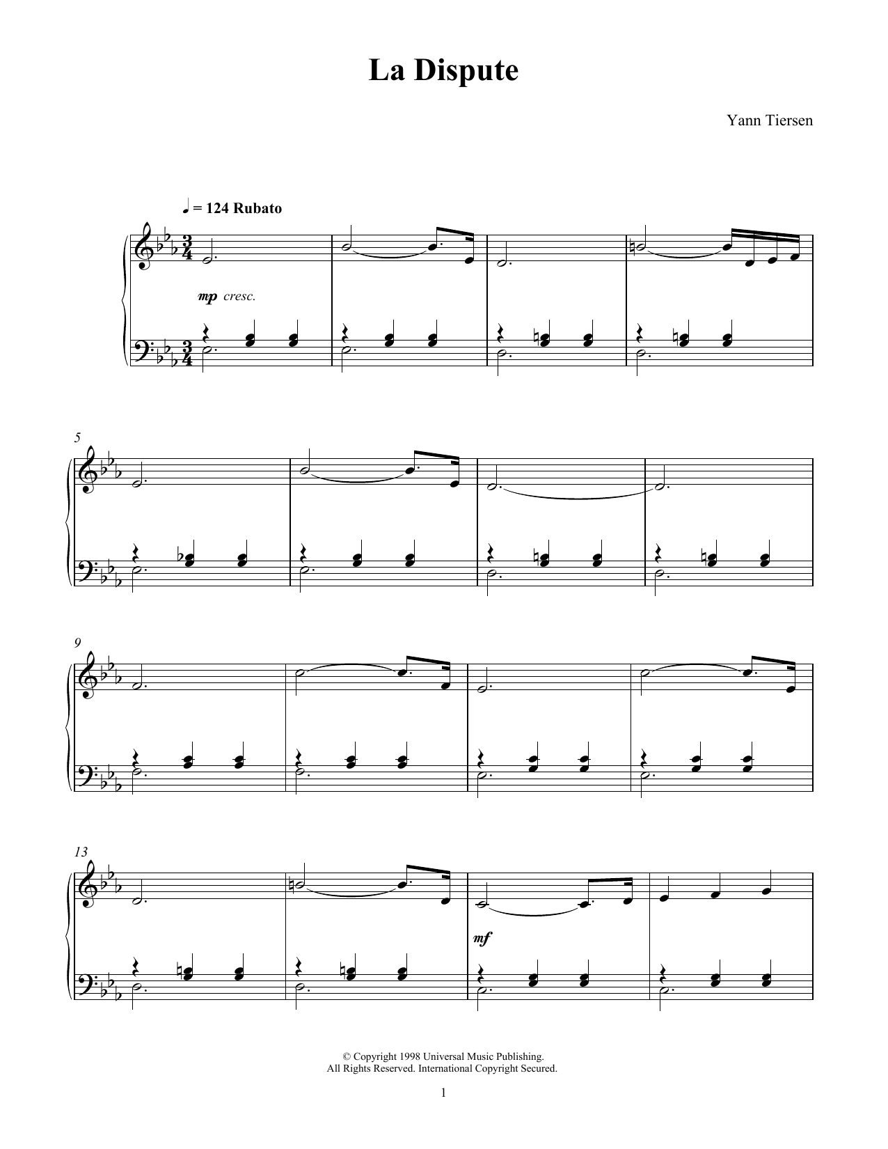 Download Yann Tiersen La Dispute Sheet Music and learn how to play Piano Solo PDF digital score in minutes
