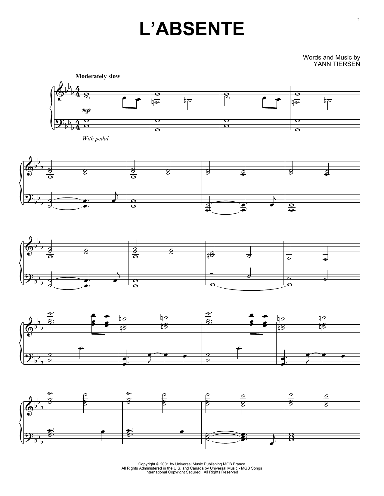 Download Yann Tiersen L'Absente Sheet Music and learn how to play Piano Solo PDF digital score in minutes