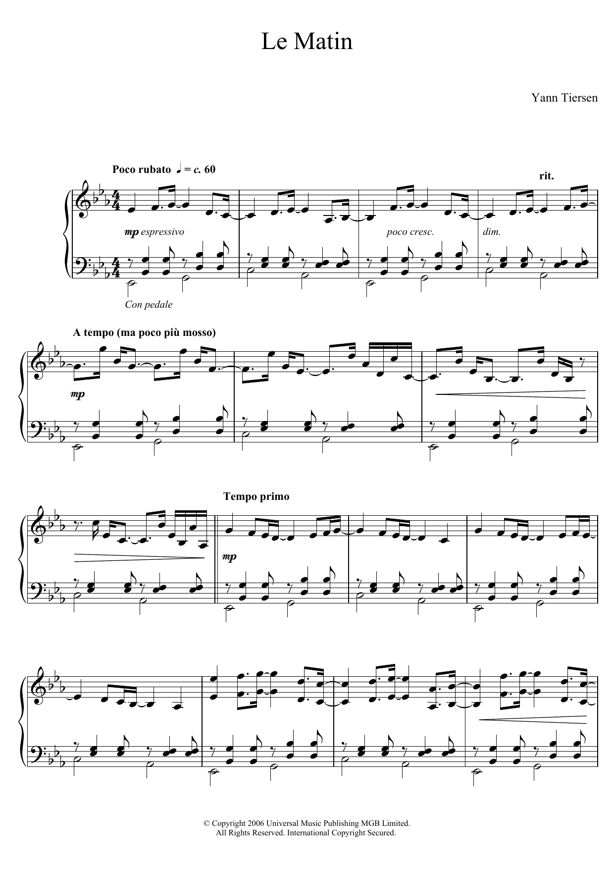 Download Yann Tiersen Le Matin Sheet Music and learn how to play Piano PDF digital score in minutes