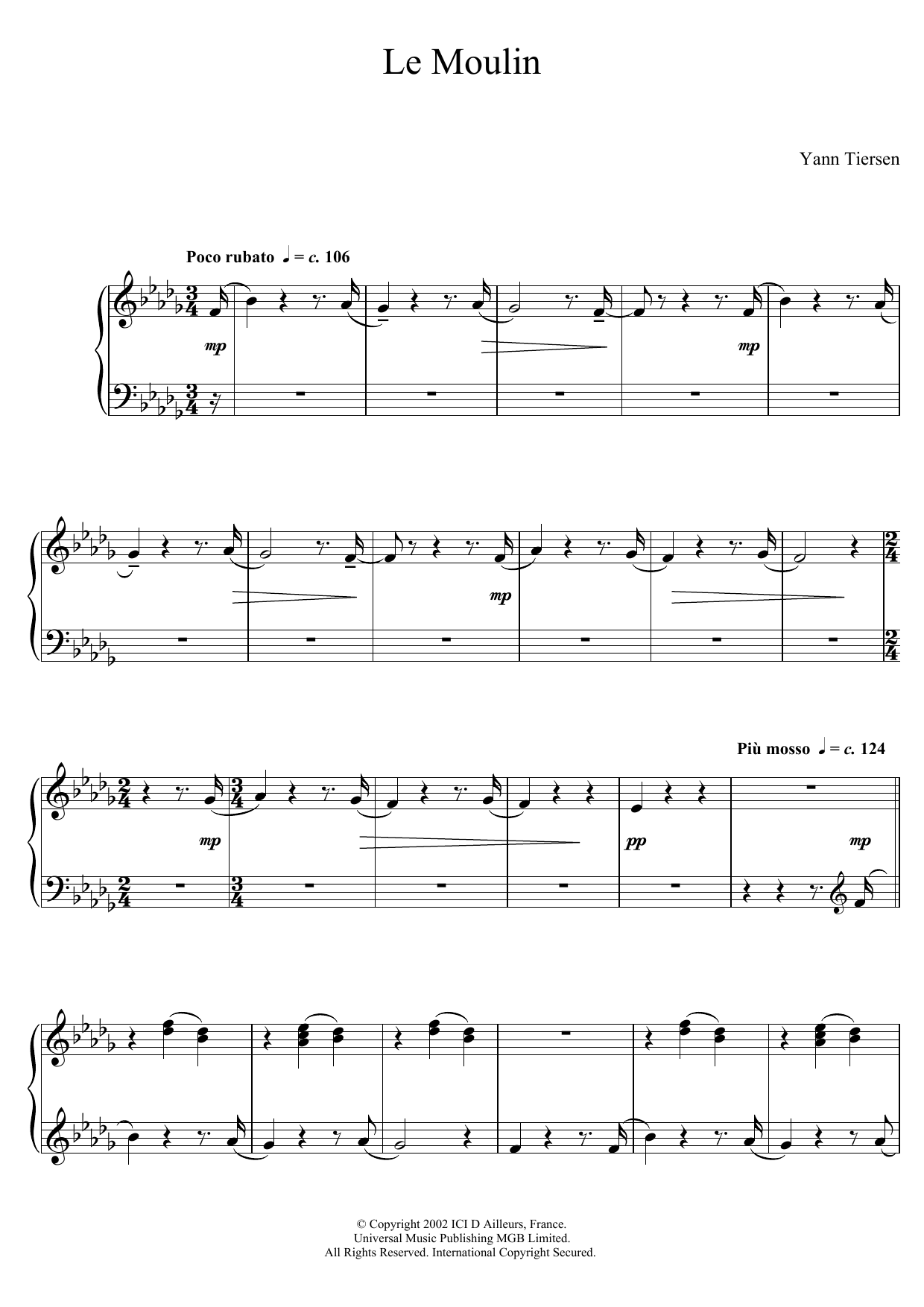 Download Yann Tiersen Le Moulin Sheet Music and learn how to play Piano PDF digital score in minutes