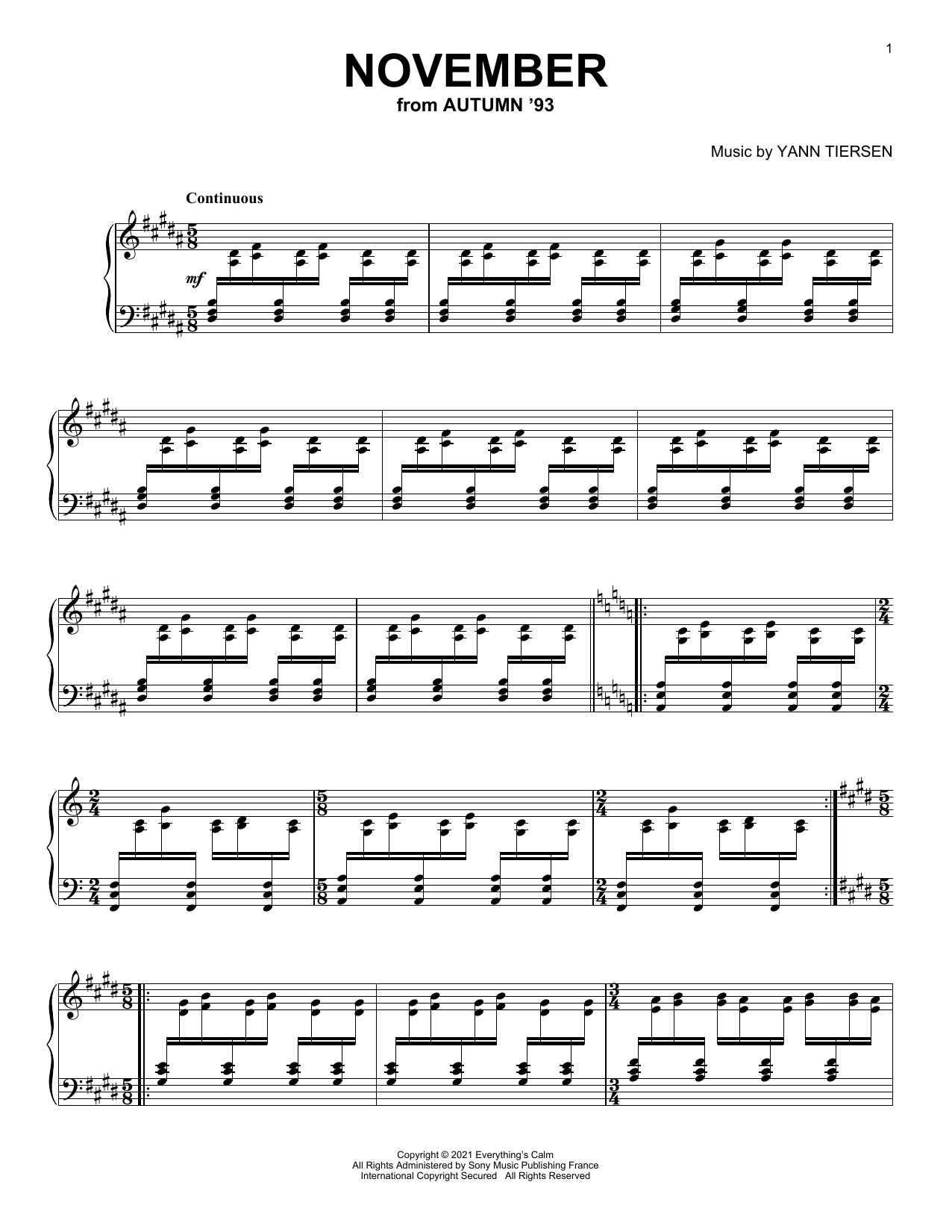 Download Yann Tiersen November Sheet Music and learn how to play Piano Solo PDF digital score in minutes