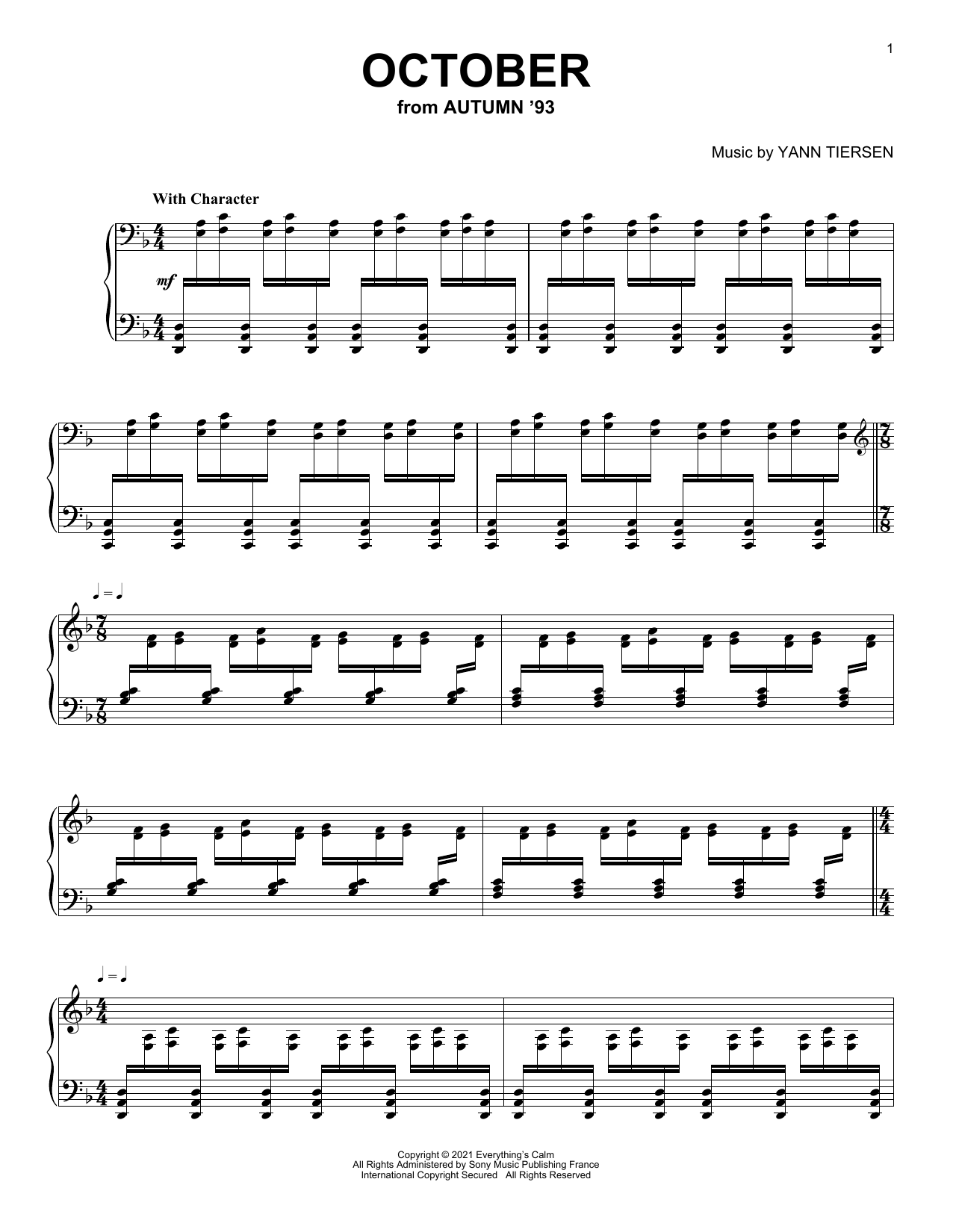 Download Yann Tiersen October Sheet Music and learn how to play Piano Solo PDF digital score in minutes