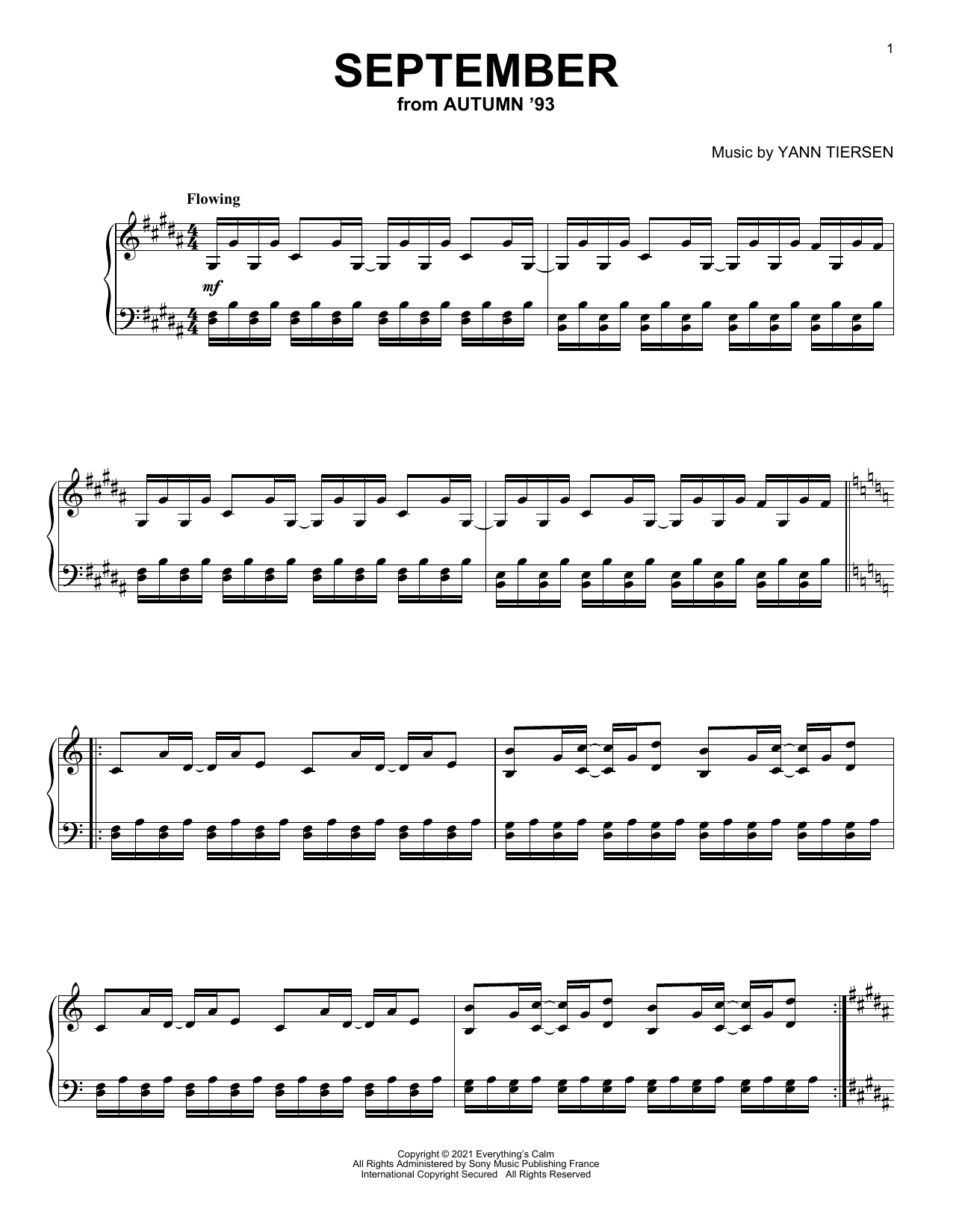Download Yann Tiersen September Sheet Music and learn how to play Piano Solo PDF digital score in minutes