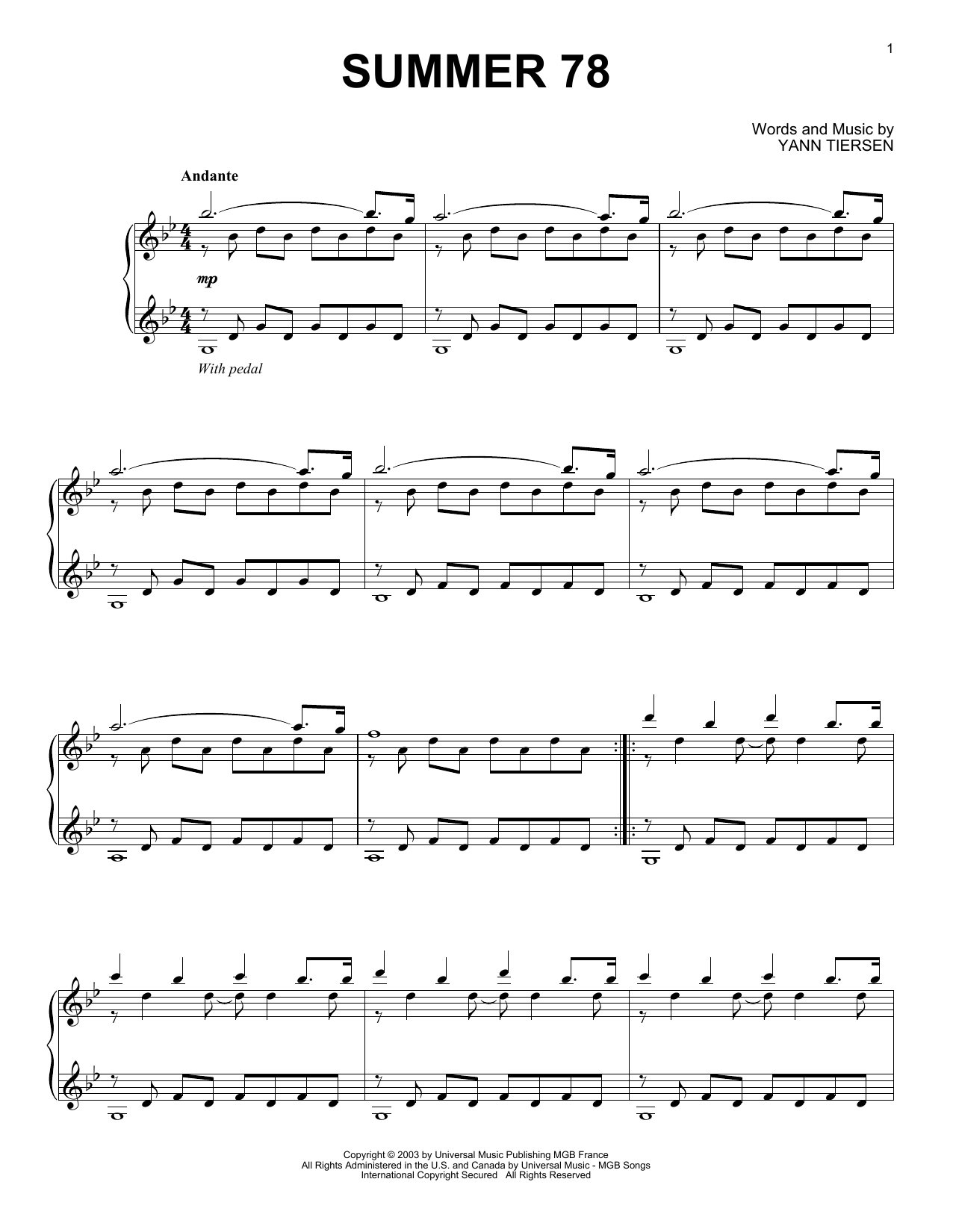 Download Yann Tiersen Summer 78 Sheet Music and learn how to play Piano Solo PDF digital score in minutes