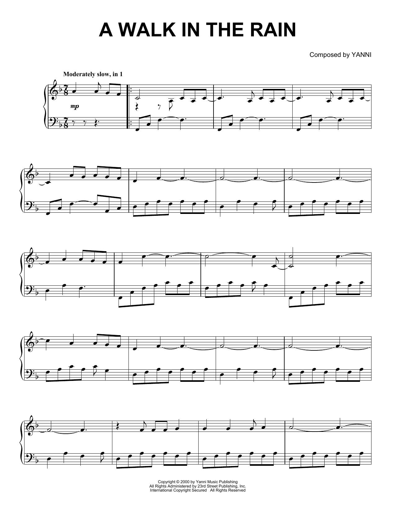 Download Yanni A Walk In The Rain Sheet Music and learn how to play Piano Solo PDF digital score in minutes