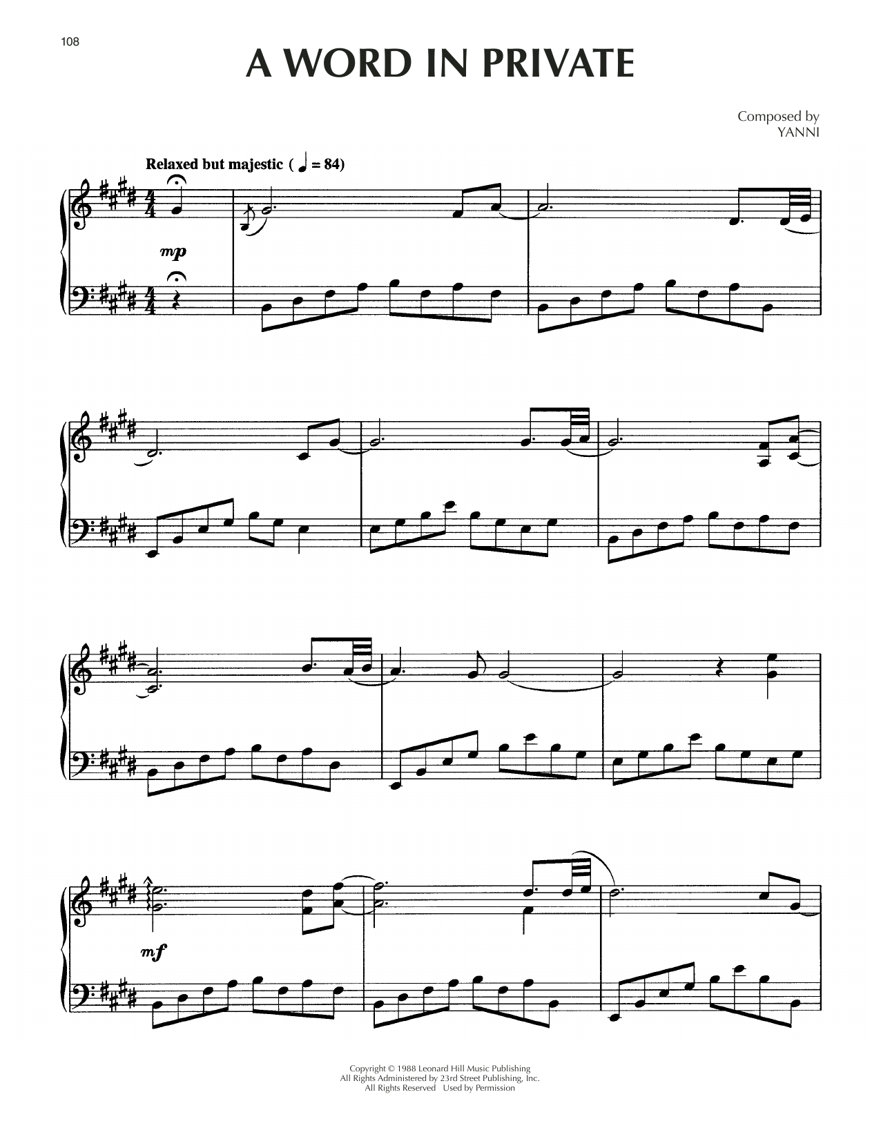 Download Yanni A Word In Private Sheet Music and learn how to play Piano Solo PDF digital score in minutes
