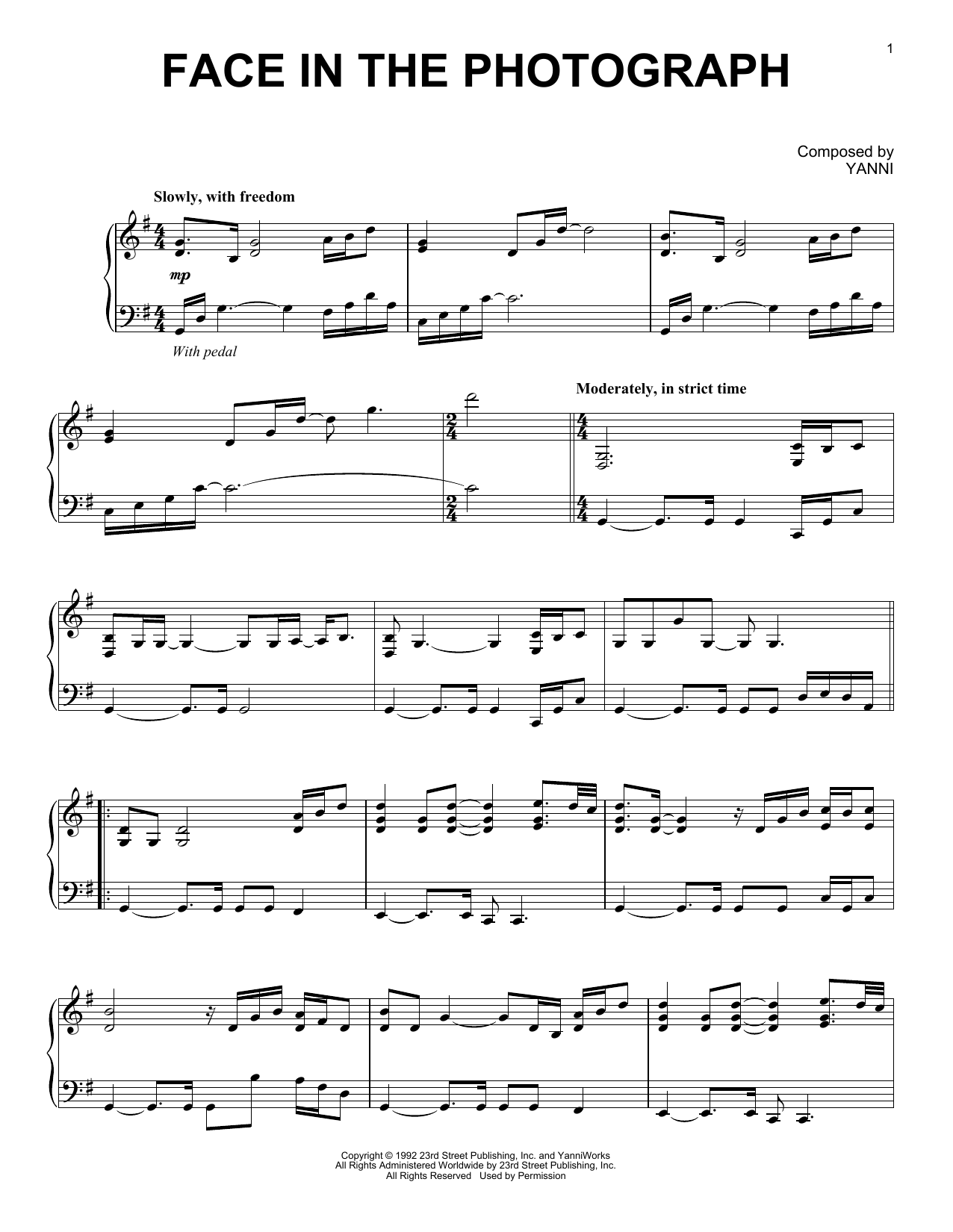 Download Yanni Face In The Photograph Sheet Music and learn how to play Piano Solo PDF digital score in minutes