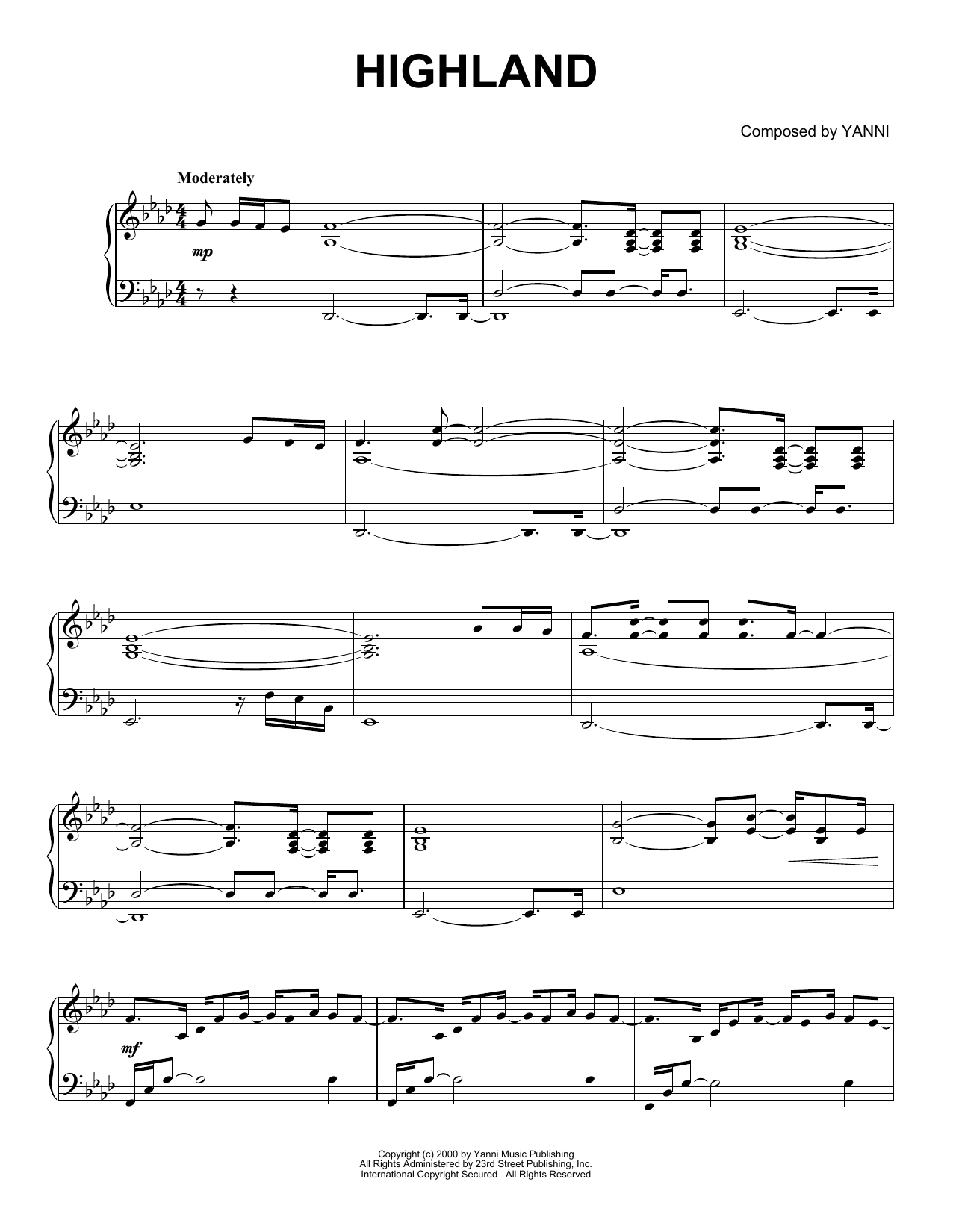 Download Yanni Highland Sheet Music and learn how to play Piano Solo PDF digital score in minutes
