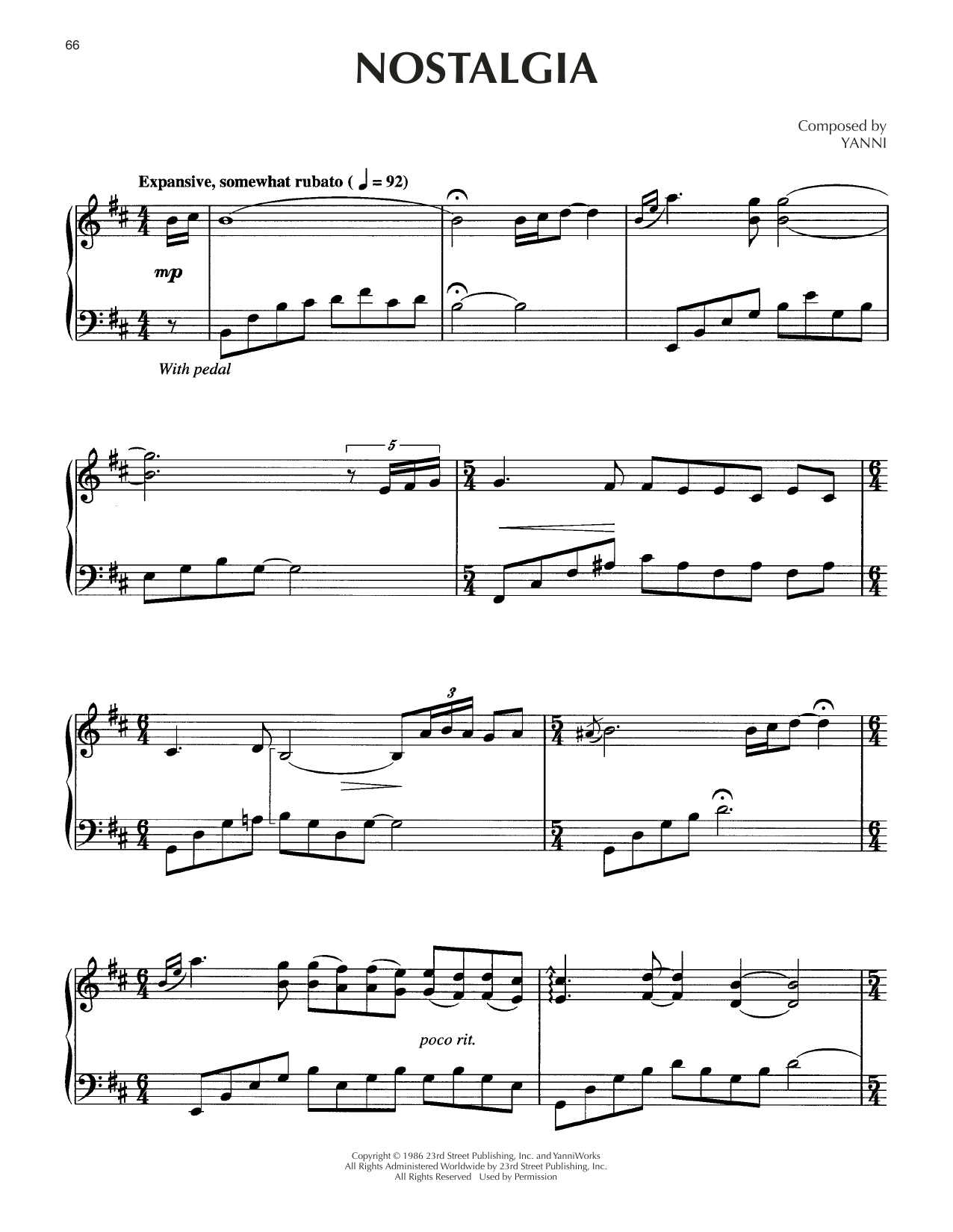 Download Yanni Nostalgia Sheet Music and learn how to play Piano Solo PDF digital score in minutes
