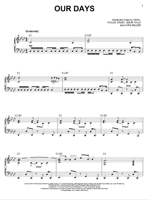 Download Yanni Our Days Sheet Music and learn how to play Piano, Vocal & Guitar (Right-Hand Melody) PDF digital score in minutes