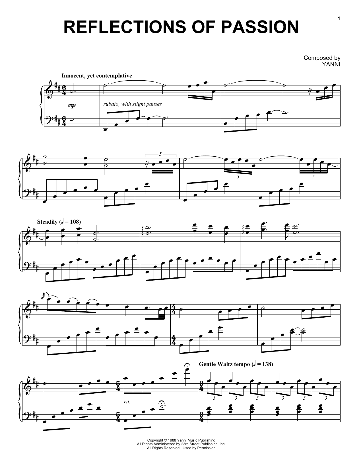 Download Yanni Reflections Of Passion Sheet Music and learn how to play Piano Solo PDF digital score in minutes