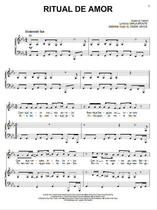 Download Yanni Ritual De Amor Sheet Music and learn how to play Piano, Vocal & Guitar (Right-Hand Melody) PDF digital score in minutes
