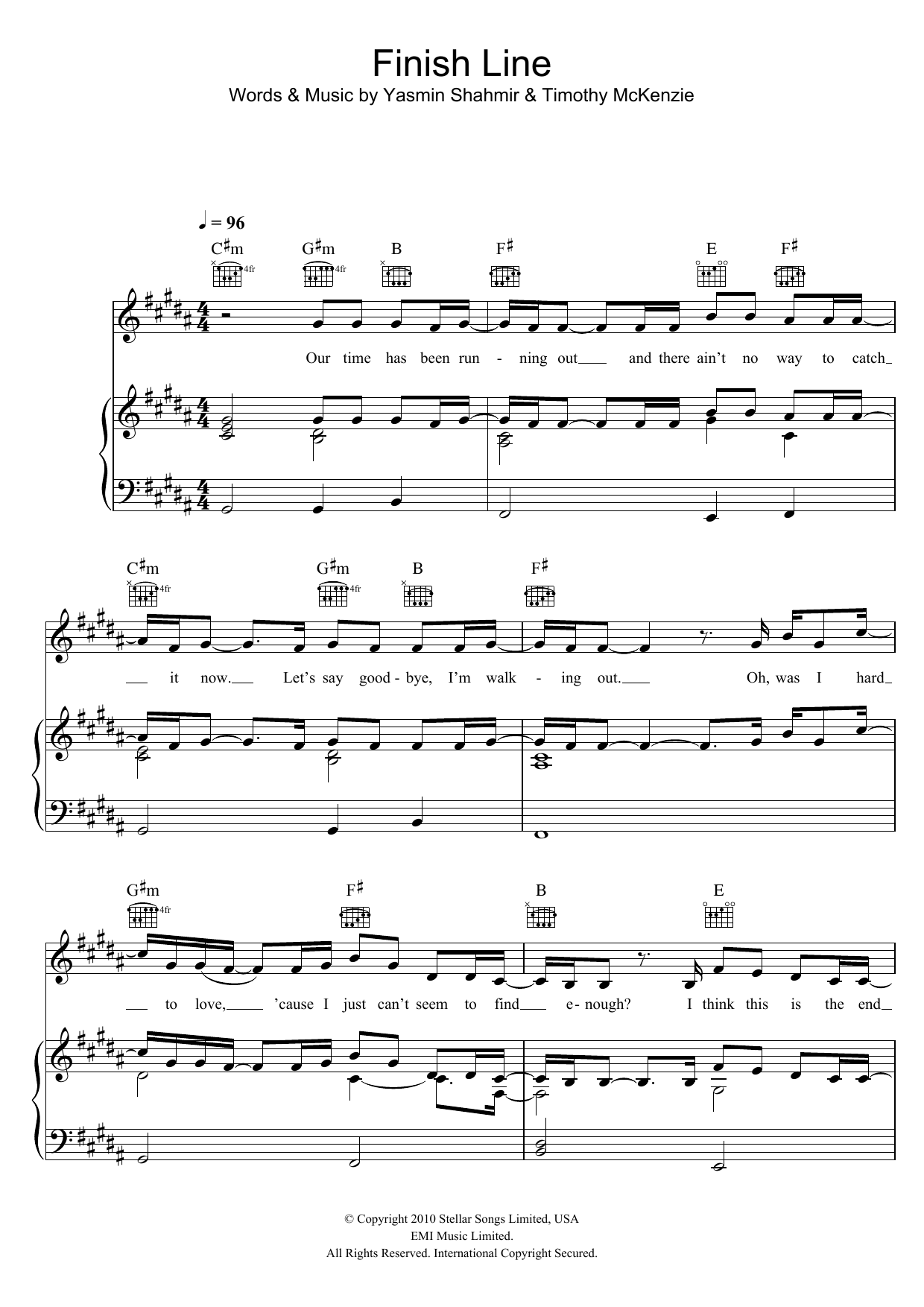 Download Yasmin Finish Line Sheet Music and learn how to play Piano, Vocal & Guitar (Right-Hand Melody) PDF digital score in minutes