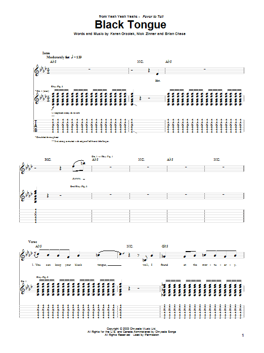 Download Yeah Yeah Yeahs Black Tongue Sheet Music and learn how to play Guitar Tab PDF digital score in minutes