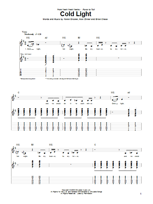 Download Yeah Yeah Yeahs Cold Light Sheet Music and learn how to play Guitar Tab PDF digital score in minutes