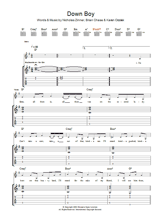 Download Yeah Yeah Yeahs Down Boy Sheet Music and learn how to play Lyrics & Chords PDF digital score in minutes