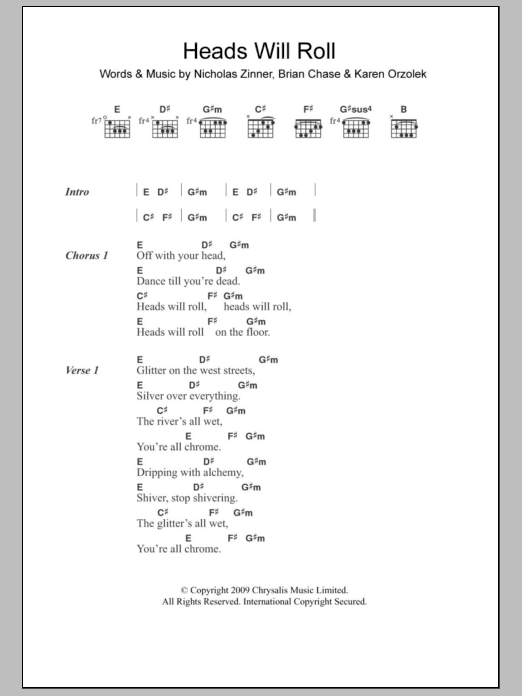 Download Yeah Yeah Yeahs Heads Will Roll Sheet Music and learn how to play Lyrics & Chords PDF digital score in minutes