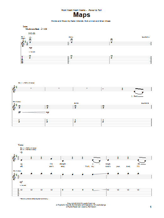 Download Yeah Yeah Yeahs Maps Sheet Music and learn how to play Guitar Lead Sheet PDF digital score in minutes