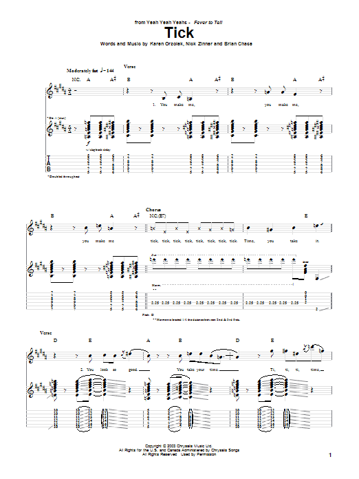 Download Yeah Yeah Yeahs Tick Sheet Music and learn how to play Guitar Tab PDF digital score in minutes