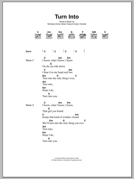 Download Yeah Yeah Yeahs Turn Into Sheet Music and learn how to play Lyrics & Chords PDF digital score in minutes