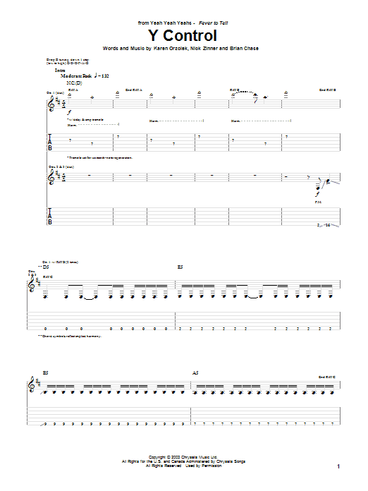 Download Yeah Yeah Yeahs Y Control Sheet Music and learn how to play Guitar Tab PDF digital score in minutes