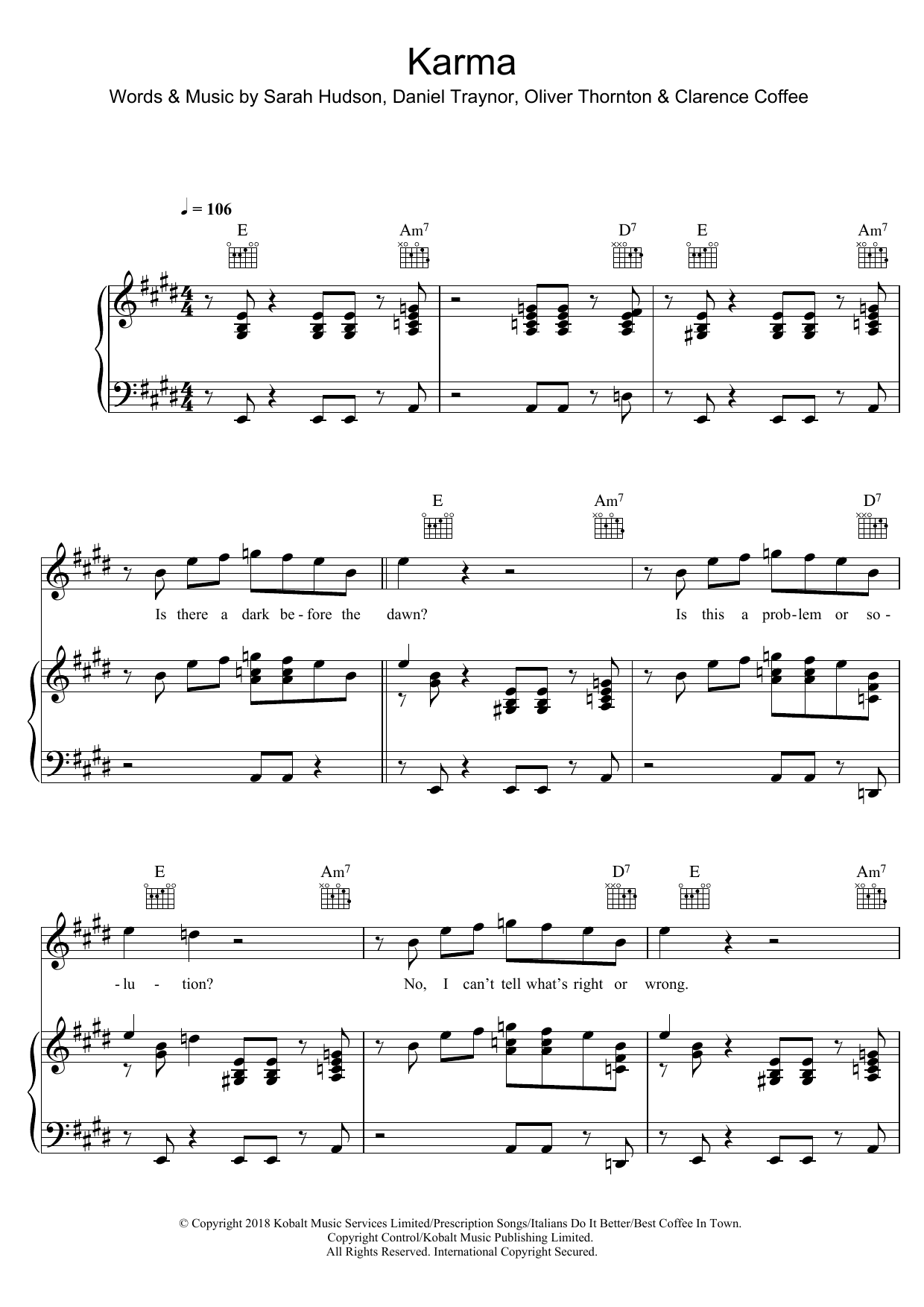 Download Years & Years Karma Sheet Music and learn how to play Piano, Vocal & Guitar PDF digital score in minutes
