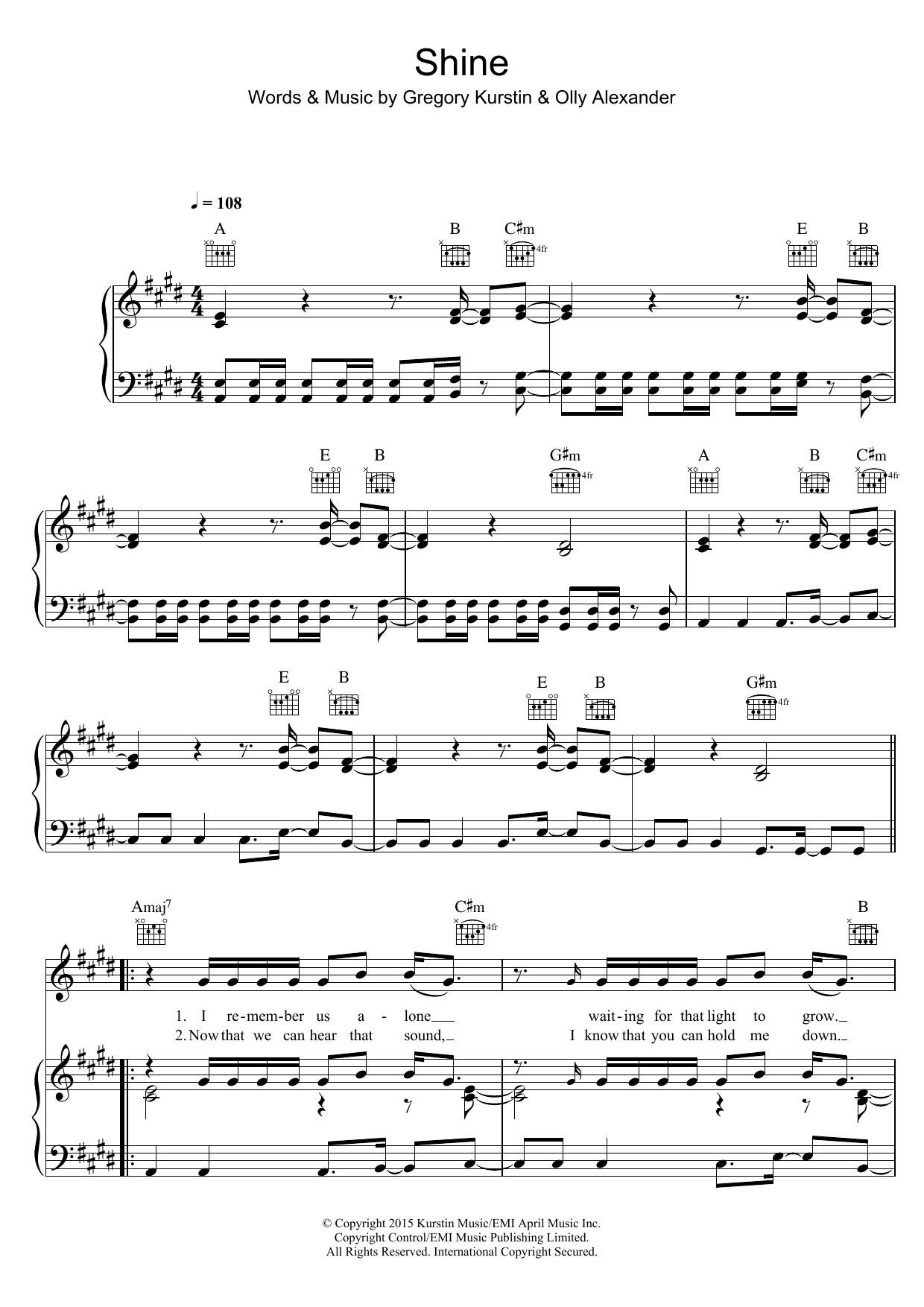 Download Years & Years Shine Sheet Music and learn how to play Piano, Vocal & Guitar (Right-Hand Melody) PDF digital score in minutes