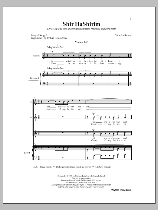 Download Yehezkel Braun Shir HaShirim Sheet Music and learn how to play SATB Choir PDF digital score in minutes